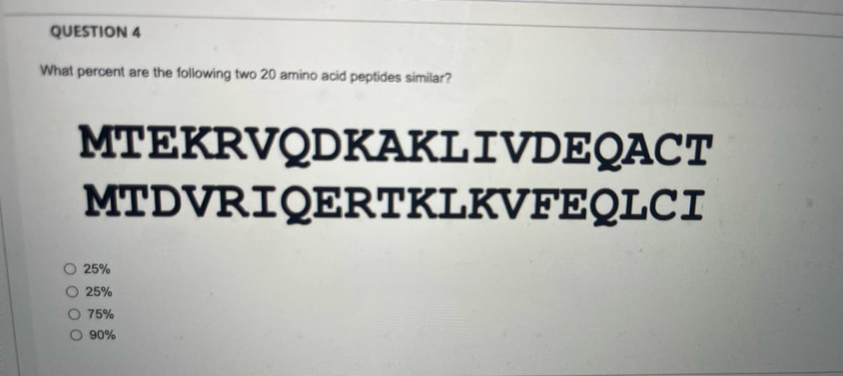 QUESTION 4
What percent are the following two 20 amino acid peptides similar?
MTEKRVQDKAKLIVDEQACT
MTDVRIQERTKLKVFEQLCI
O 25%
O 25%
O 75%
90%
