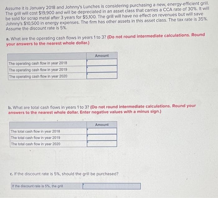 Assume it is January 2018 and Johnny's Lunches is considering purchasing a new, energy-efficient grill.
The grill will cost $19,900 and will be depreciated in an asset class that carries a CCA rate of 30%. It will
be sold for scrap metal after 3 years for $5,100. The grill will have no effect on revenues but will save
Johnny's $10,500 in energy expenses. The firm has other assets in this asset class. The tax rate is 35%.
Assume the discount rate is 5%.
a. What are the operating cash flows in years 1 to 3? (Do not round intermediate calculations. Round
your answers to the nearest whole dollar.)
The operating cash flow in year 2018
The operating cash flow in year 2019
The operating cash flow in year 2020
b. What are total cash flows in years 1 to 3? (Do not round intermediate calculations. Round your
answers to the nearest whole dollar. Enter negative values with a minus sign.)
The total cash flow in year 2018
The total cash flow in year 2019
The total cash flow in year 2020
Amount
If the discount rate is 5%, the grill
Amount
c. If the discount rate is 5%, should the grill be purchased?