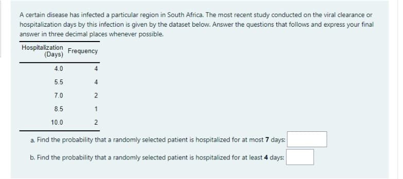 A certain disease has infected a particular region in South Africa. The most recent study conducted on the viral clearance or
hospitalization days by this infection is given by the dataset below. Answer the questions that follows and express your final
answer in three decimal places whenever possible.
Hospitalization
(Days)
Frequency
4.0
5.5
4
7.0
2
8.5
1
10.0
2
a. Find the probability that a randomly selected patient is hospitalized for at most 7 days:
b. Find the probability that a randomly selected patient is hospitalized for at least 4 days:
