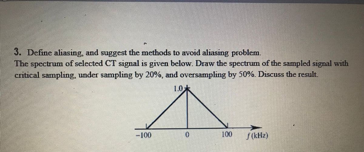 3. Define aliasing, and suggest the methods to avoid aliasing problem.
The spectrum of selected CT signal is given below. Draw the spectrum of the sampled signal with
critical sampling, under sampling by 20%, and oversampling by 50%. Discuss the result.
10
-100
100
f (kHz)
