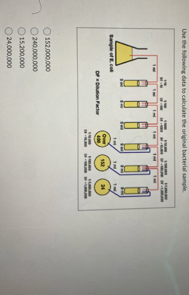 Use the following data to calculate the original bacterial sample.
1 ml
Sample of E. coli
110
OF-18
152,000,000
240,000,000
15,200,000
24,000,000
9 ml
1 ml
1/200
OF-100
9 ml
DF=Dilution Factor
1/1000
10
1/13100
11.06.1
OF-1000 OF-13501 OF-100100 OF-1.000.000
1 ml
1m
mil
Over
400
1 ml
152
1ml
1/11/00
DE-10,330 C-TEX
24
1/100/00 1/1/00040
DG-100.000