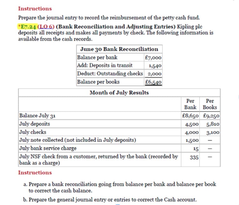 Instructions
Prepare the journal entry to record the reimbursement of the petty cash fund.
*E7.24 (LO 6) (Bank Reconciliation and Adjusting Entries) Kipling ple
deposits all receipts and makes all payments by check. The following information is
available from the cash records.
June 30 Bank Reconciliation
Balance per bank
Add: Deposits in transit
Deduct: Outstanding checks 2,000
Balance per books
£7,000
1,540
£6,540
Month of July Results
Per
Per
Bank Books
£8,650 £9,250
4,500 5,810
Balance July 31
July deposits
July checks
July note collected (not included in July deposits)
4,000
3,100
1,500
July bank service charge
15
-
July NSF check from a customer, returned by the bank (recorded by
bank as a charge)
335
-
Instructions
a. Prepare a bank reconciliation going from balance per bank and balance per book
to correct the cash balance.
b. Prepare the general journal entry or entries to correct the Cash account.
