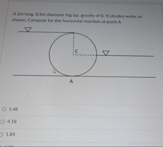 A 2m long, 0.5m diameter log (sp. gravity of 0. 9) divides water as
shown. Compute for the horizontal reaction at point A
A
O 1.48
O 4.18
D 1.84
