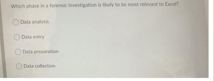 Which phase in a forensic investigation is likely to be most relevant to Excel?
Data analysis
Data entry
Data preparation
Data collection
