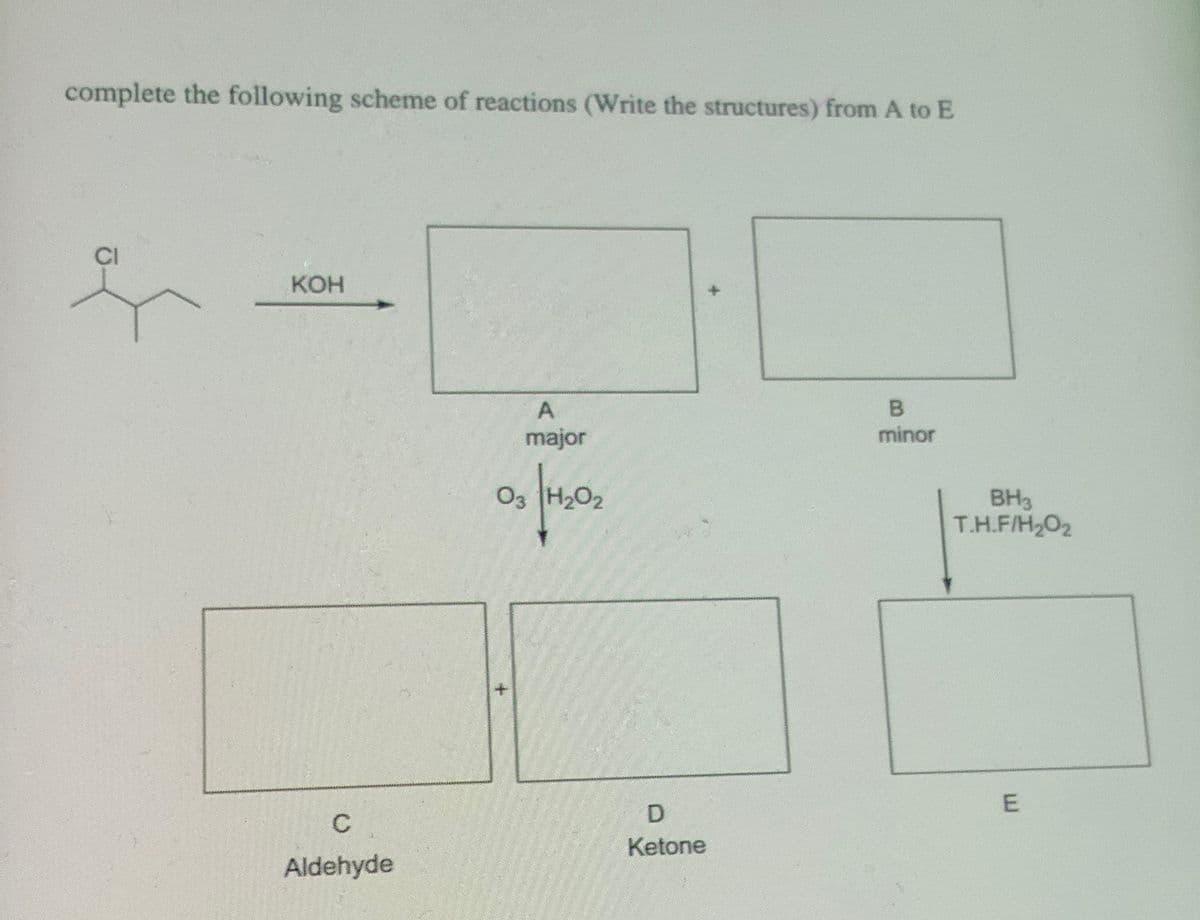 complete the following scheme of reactions (Write the structures) from A to E
KOH
C
Aldehyde
A
major
03 H₂02
H₂0₂
+
D
Ketone
B
minor
BH3
T.H.F/H₂O₂
E