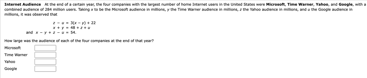 Internet Audience At the end of a certain year, the four companies with the largest number of home Internet users in the United States were Microsoft, Time Warner, Yahoo, and Google, with a
combined audience of 284 million users. Taking x to be the Microsoft audience in millions, y the Time Warner audience in millions, z the Yahoo audience in millions, and u the Google audience in
millions, it was observed that
3(x - y) + 22
48 + z + u
U = 54.
y + z =
How large was the audience of each of the four companies at the end of that year?
Microsoft
Time Warner
Yahoo
Google
and x
Z - U =
x + y