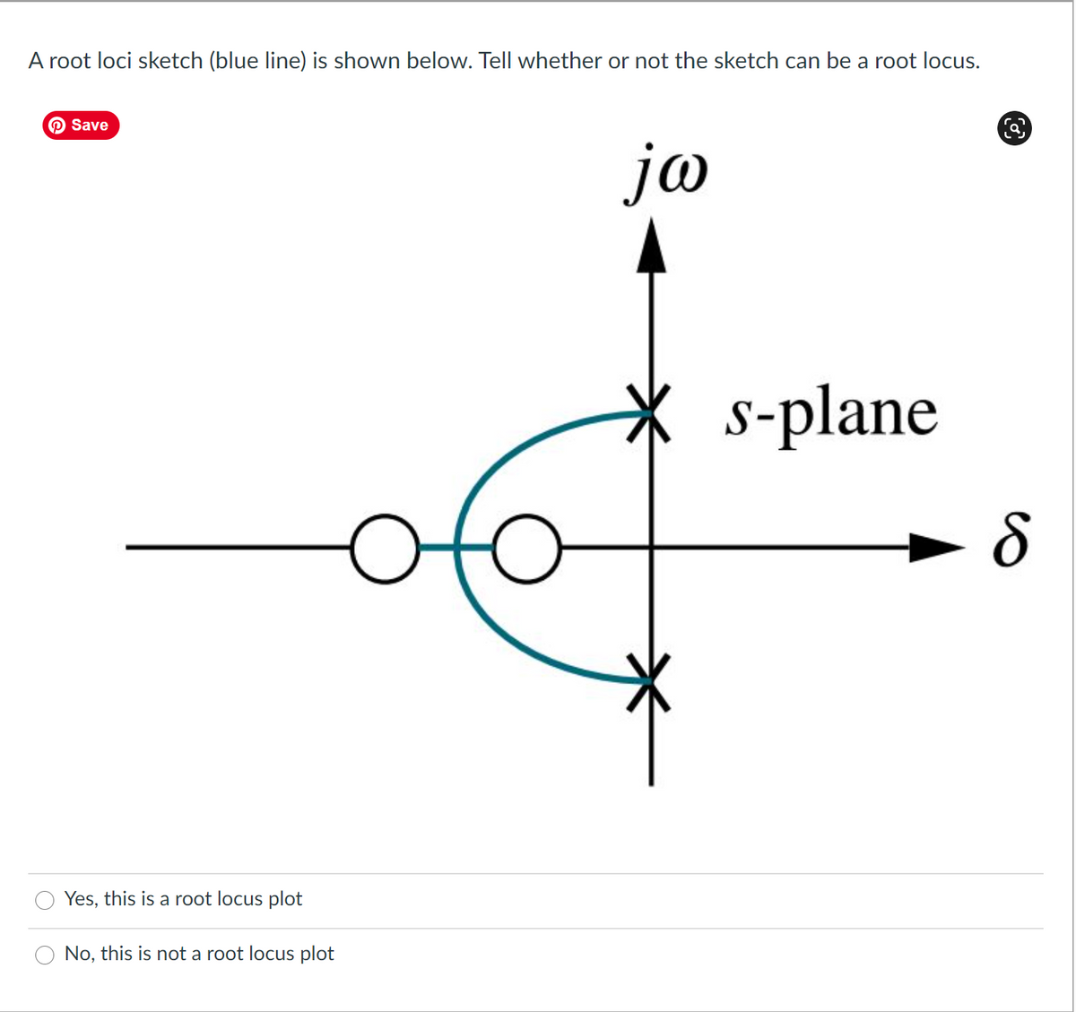 A root loci sketch (blue line) is shown below. Tell whether or not the sketch can be a root locus.
O Save
jo
s-plane
Yes, this is a root locus plot
No, this is not a root locus plot
