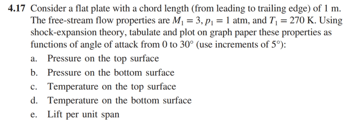 4.17 Consider a flat plate with a chord length (from leading to trailing edge) of 1 m.
The free-stream flow properties are M, = 3, p1 = 1 atm, and T¡ = 270 K. Using
shock-expansion theory, tabulate and plot on graph paper these properties as
functions of angle of attack from 0 to 30° (use increments of 5°):
%3D
а.
Pressure on the top surface
b. Pressure on the bottom surface
Temperature on the top surface
с.
d. Temperature on the bottom surface
Lift per unit span
е.
