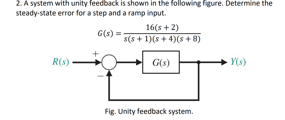 2. A system with unity feedback is shown in the following figure. Determine the
steady-state error for a step and a ramp input.
16(s + 2)
G(s)
s(s + 1)(s + 4)(s + 8)
+
R(s)
G(s)
Y(s)
Fig. Unity feedback system.
