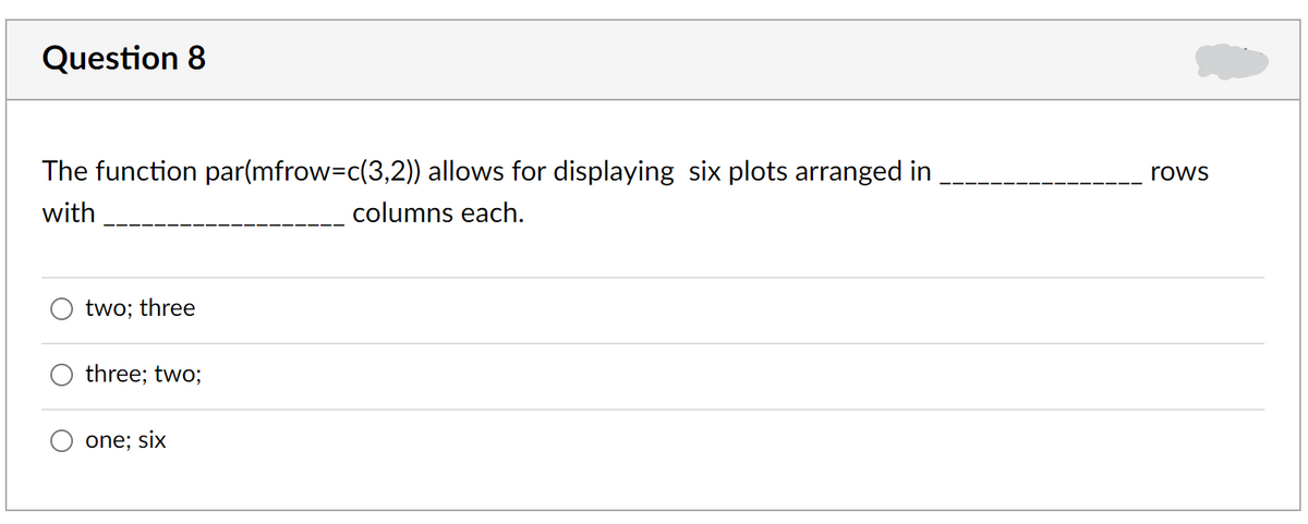 Question 8
The function par(mfrow=c(3,2)) allows for displaying six plots arranged in
rows
with
columns each.
two; three
three; two;
one; six
