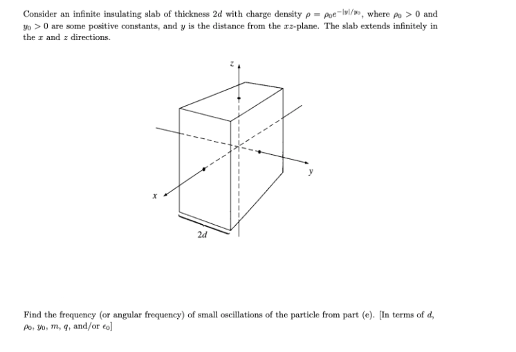 Consider an infinite insulating slab of thickness 2d with charge density p = poe-lw/wo, where po > 0 and
Yo > 0 are some positive constants, and y is the distance from the az-plane. The slab extends infinitely in
the z and z directions.
2d
Find the frequency (or angular frequency) of small oscillations of the particle from part (e). [In terms of d,
Po, Y0, m, q, and/or co]
