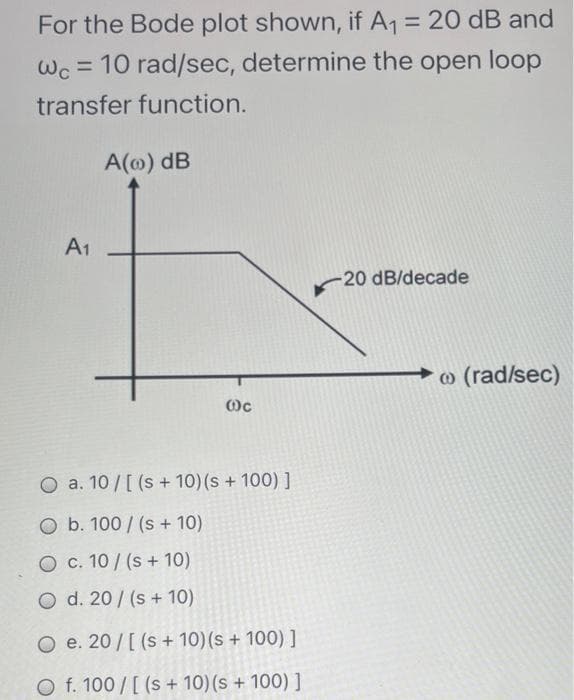 For the Bode plot shown, if A = 20 dB and
%3D
Wc
= 10 rad/sec, determine the open loop
transfer function.
A(o) dB
A1
-20 dB/decade
o (rad/sec)
Oc
O a. 10 /[ (s + 10) (s + 100) ]
O b. 100 / (s + 10)
O c. 10/ (s + 10)
O d. 20/ (s + 10)
O e. 20/[ (s + 10)(s + 100) ]
O f. 100 /[ (s + 10) (s + 100) ]
