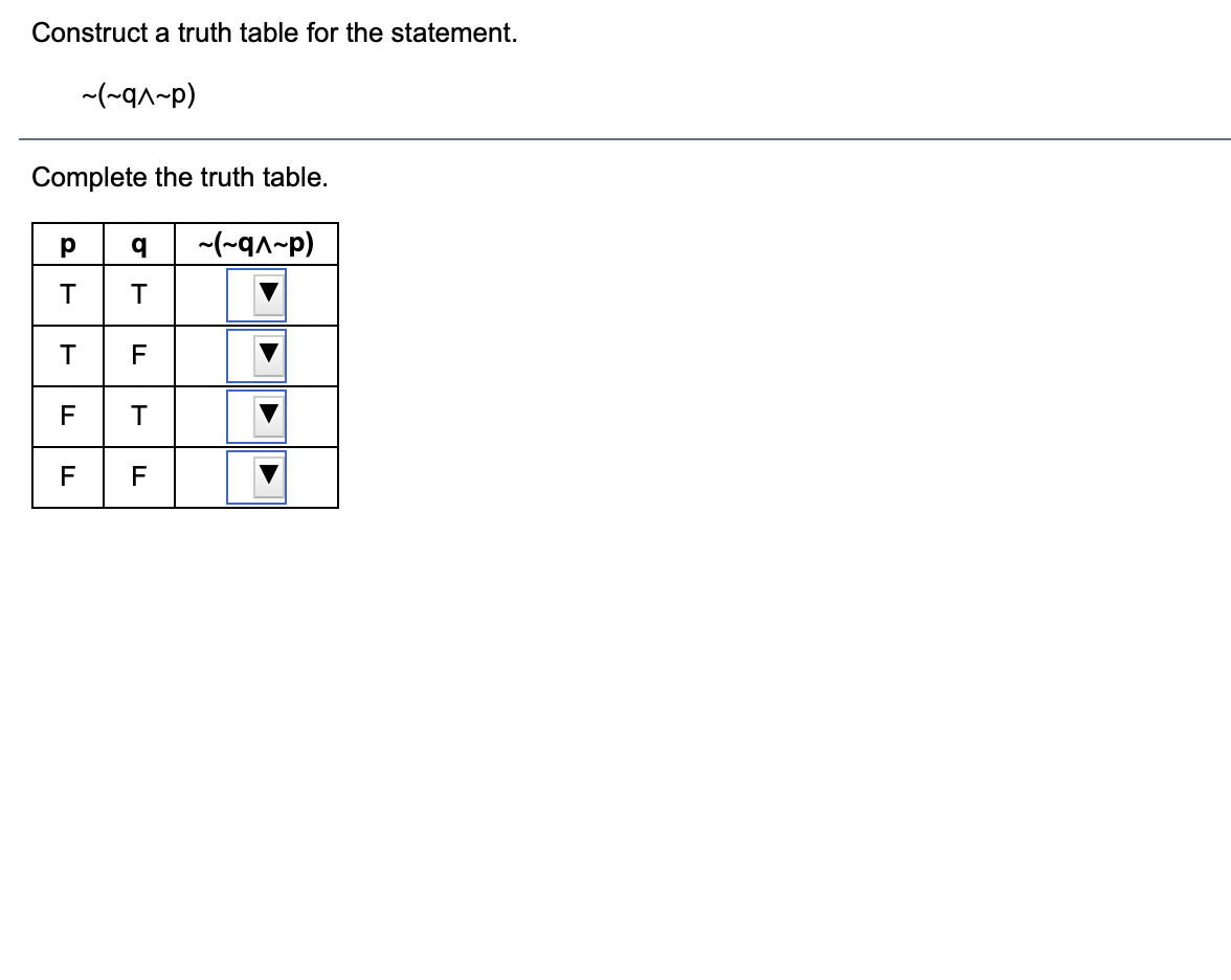 Construct a truth table for the statement.
(d-Vb-)~
Complete the truth table.
-(~q^-p)
F
F
F
F
