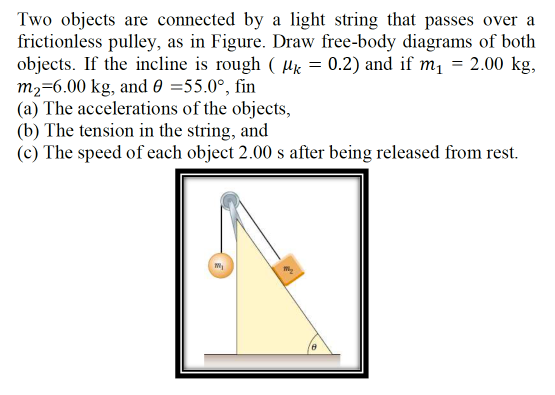 Two objects are connected by a light string that passes over a
frictionless pulley, as in Figure. Draw free-body diagrams of both
objects. If the incline is rough ( µk = 0.2) and if m, = 2.00 kg,
m2=6.00 kg, and 0 =55.0°, fin
(a) The accelerations of the objects,
(b) The tension in the string, and
(c) The speed of each object 2.00 s after being released from rest.
