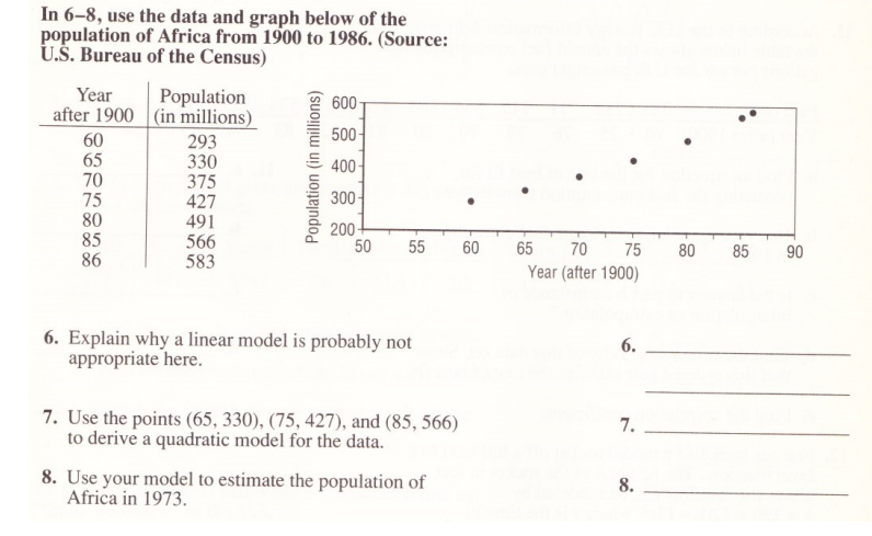 In 6-8, use the data and graph below of the
population of Africa from 1900 to 1986. (Source:
U.S. Bureau of the Census)
Year
Population
after 1900 (in millions)
293
330
375
427
491
60
65
70
75
80
85
86
566
583
Population (in millions)
600
500
400-
300-
200-
50
55
6. Explain why a linear model is probably not
appropriate here.
7. Use the points (65, 330), (75, 427), and (85, 566)
to derive a quadratic model for the data.
8. Use your model to estimate the population of
Africa in 1973.
60
65
70
75
Year (after 1900)
6.
7.
8.
80
85
90