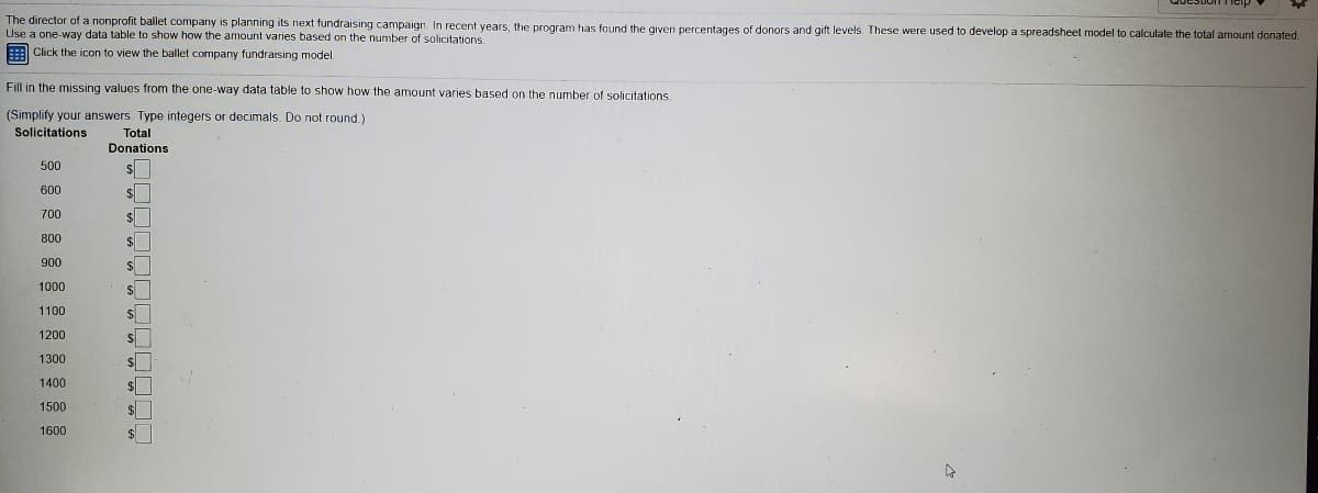 The director of a nonprofit ballet company is planning its next fundraising campaign. In recent years, the program has faund the given percentages of donors and gift levels. These were used to develop a spreadsheet model to calculate the total amount donated.
Use a one-way data table to show how the amount varies based on the number of solicitations.
E Click the icon to view the ballet company fundraising model.
Fill in the missing values from the one-way data table to show how the amount varies based on the number of solicitations
(Simplify your answers. Type integers or decimals. Do not round.)
Total
Donations
Solicitations
500
600
700
800
2$
900
1000
1100
1200
1300
1400
1500
1600
