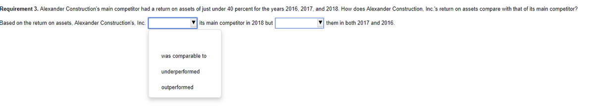Requirement 3. Alexander Construction's main competitor had a return on assets of just under 40 percent for the years 2016, 2017, and 2018. How does Alexander Construction, Inc.'s return on assets compare with that of its main competitor?
Based on the return on assets. Alexander Construction's, Inc.
its main competitor in 2018 but
v them in both 2017 and 2016.
was comparable to
underperformed
outperformed
