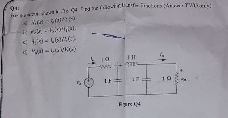 Q4:
a) H(s) = V, (s)/V,(s).
8 H2(s) = V,(s)/I,(s).
c) H3(s) = 1,(s)/l,(s).
d) H,(s) = 1,(s)/,(s)
1 H
ww. m
1F:
1F=
Figure Q4
