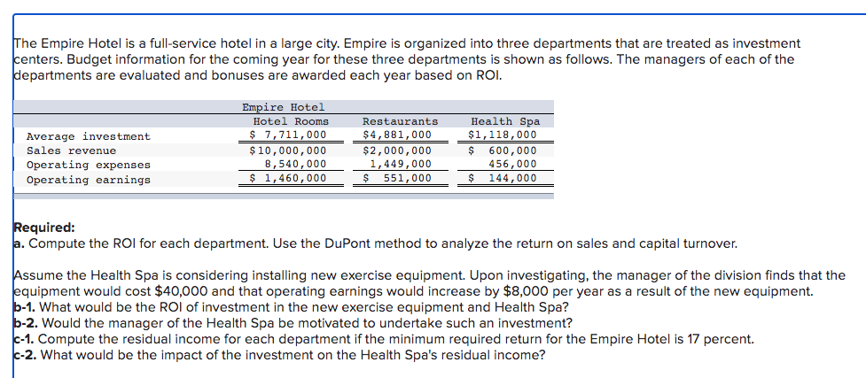 The Empire Hotel is a full-service hotel in a large city. Empire is organized into three departments that are treated as investment
centers. Budget information for the coming year for these three departments is shown as follows. The managers of each of the
departments are evaluated and bonuses are awarded each year based on ROI.
Average investment
Sales revenue
Operating expenses
Operating earnings
Empire Hotel
Hotel Rooms
$7,711,000
$10,000,000
8,540,000
$ 1,460,000
Restaurants
$4,881,000
$2,000,000
1,449,000
$ 551,000
Health Spa
$1,118,000
$ 600,000
456,000
144,000
$
Required:
a. Compute the ROI for each department. Use the DuPont method to analyze the return on sales and capital turnover.
Assume the Health Spa is considering installing new exercise equipment. Upon investigating, the manager of the division finds that the
equipment would cost $40,000 and that operating earnings would increase by $8,000 per year as a result of the new equipment.
b-1. What would be the ROI of investment in the new exercise equipment and Health Spa?
b-2. Would the manager of the Health Spa be motivated to undertake such an investment?
c-1. Compute the residual income for each department if the minimum required return for the Empire Hotel is 17 percent.
c-2. What would be the impact of the investment on the Health Spa's residual income?