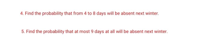 4. Find the probability that from 4 to 8 days will be absent next winter.
5. Find the probability that at most 9 days at all will be absent next winter.