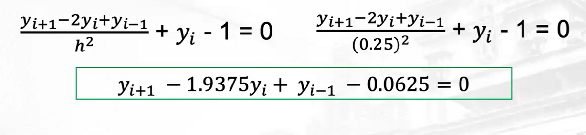 Yi+1-2Yi+yi-1 +
(0.25)²
Yi+1 -1.9375yi + Yi-1 - 0.0625 = 0
Yi+1−2Yi+Yi−1 +
h²
Yi - 1 = 0
Yi - 1 = 0