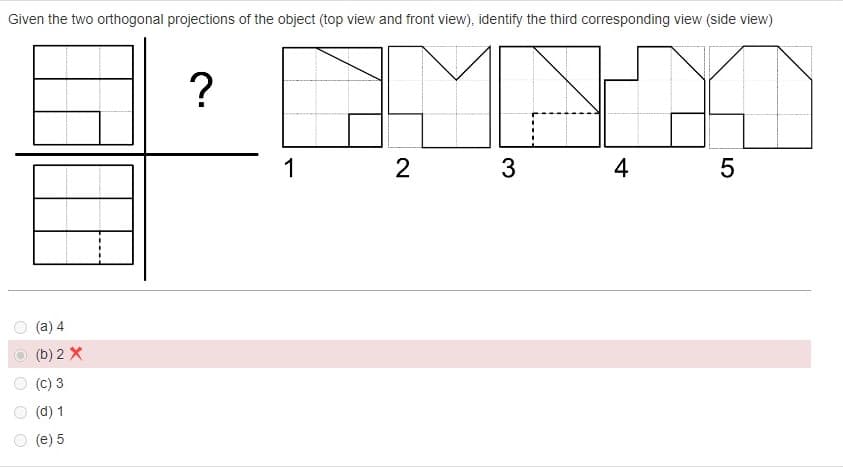 Given the two orthogonal projections of the object (top view and front view), identify the third corresponding view (side view)
O
O
C
O C
(a) 4
(b) 2 X
(C) 3
(d) 1
(e) 5
?
1
2
N
4
3
5