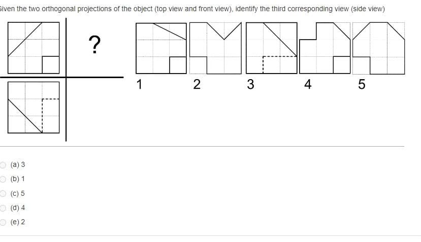 Given the two orthogonal projections of the object (top view and front view), identify the third corresponding view (side view)
M
2 3
4
(a) 3
(b) 1
(c) 5
(d) 4
(e) 2
?
1
4
LO
5