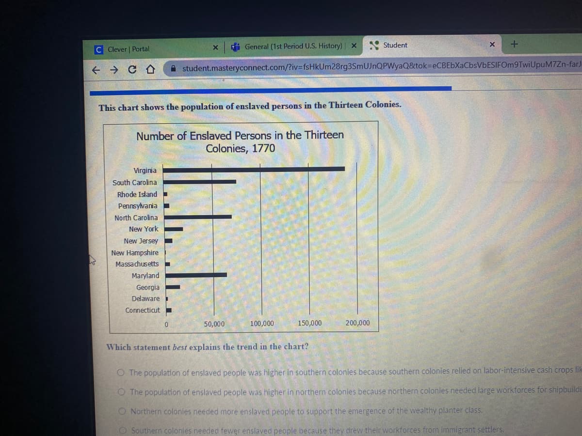 C Clever | Portal
i General (1st Period U.S. History) x
Student
+ → C O
A student.masteryconnect.com/?iv%3fsHkUm28rg3SmUJnQPWyaQ&tok3DeCBEbXaCbsVbESIFOm9TwiUpuM7Zn-farJ
This chart shows the population of enslaved persons in the Thirteen Colonies.
Number of Enslaved Persons in the Thirteen
Colonies, 1770
Virginia
South Carolina
Rhode Island
Pennsylvania
North Carolina
New York
New Jersey
New Hampshire
Massachusetts -
Maryland
Georgia
Delaware
Connecticut
50,000
100,000
150,000
200,000
Which statement best explains the trend in the chart?
O The population of enslaved people was higher in southern colonies because southern colonies relied on labor-intensive cash crops lik
O The population of enslaved people was higher in northern colonies because northern colonies needed large workforces for shipbuildi
O Northern colonies needed more enslaved people to support the emergence of the wealthy planter class.
O Southern colonies needed fewer enslaved people because they drew thelr workforces from immigrant settlers.
