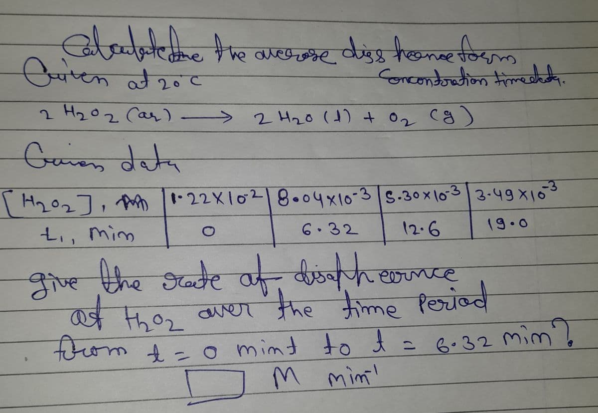 Calculate fine the averose diss home form
Cuiten at 20°C
the
Conconturation timestada.
2 H₂02 (ar) ->
2 H₂0 (1) + 0₂ (g)
2
[H₂2₂0₂] | 1-22×102 | 8.04×10-35-30×10-33-49x10-3
1
6.32
+₁, mim
19.0
12.6
1
give the rate of disaph cance
at the₂ over the time period
forom + = 0 mint to t = 6.32 mim?
M min¹