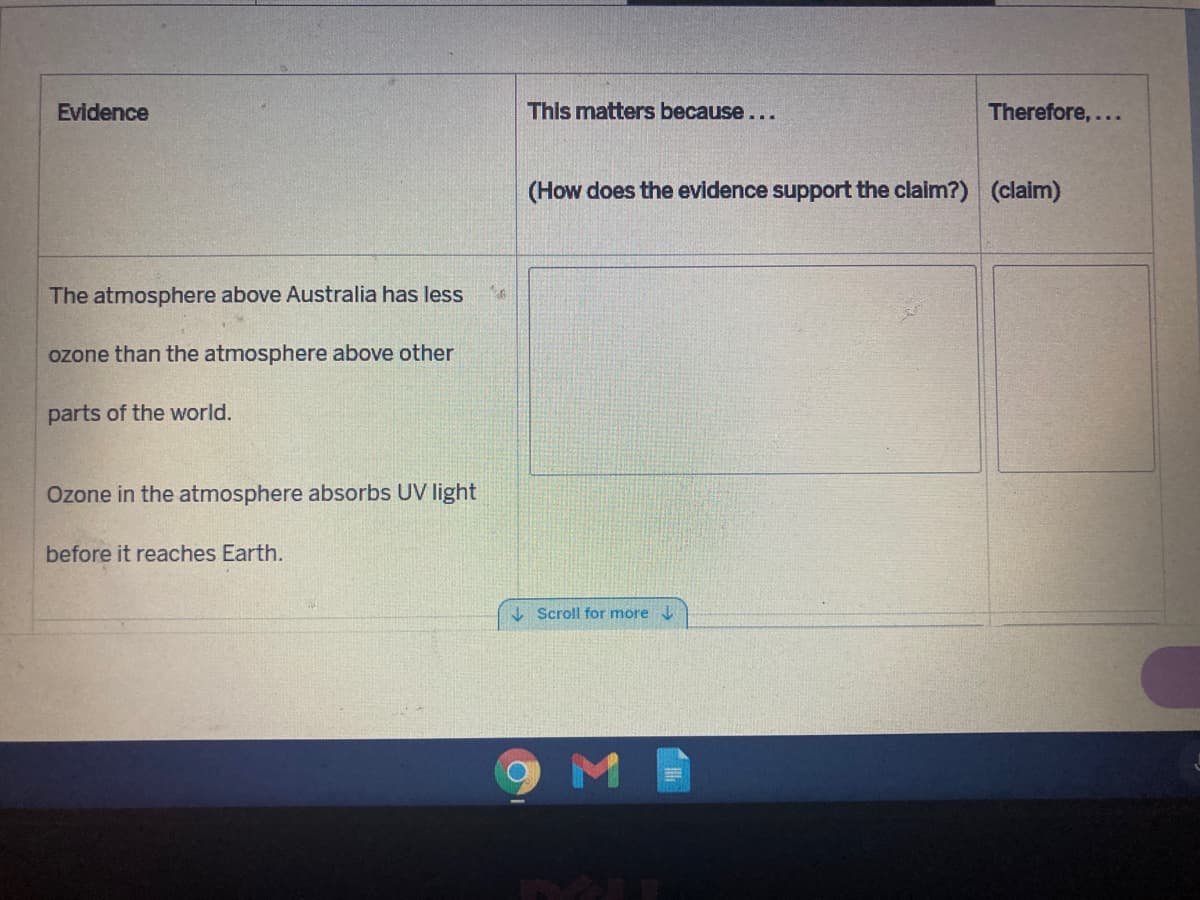 Evidence
This matters because...
Therefore,...
(How does the evidence support the claim?) (claim)
The atmosphere above Australia has less
ozone than the atmosphere above other
parts of the world.
Ozone in the atmosphere absorbs UV light
before it reaches Earth.
I Scroll for more
