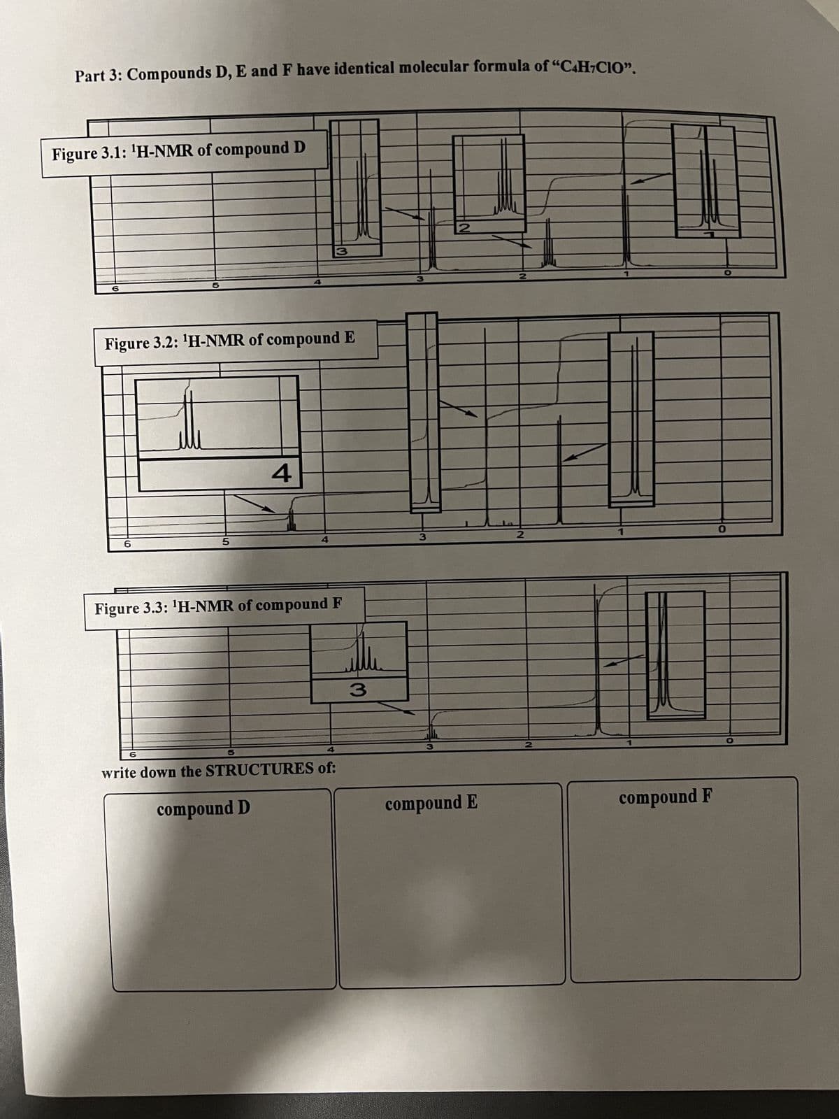 Part 3: Compounds D, E and F have identical molecular formula of "C4H7CIO".
Figure 3.1: ¹H-NMR of compound D
Figure 3.2: ¹H-NMR of compound E
6
5
6
5
Figure 3.3: ¹H-NMR of compound F
4
write down the STRUCTURES of:
compound D
W
3
3
compound E
2
2
compound F