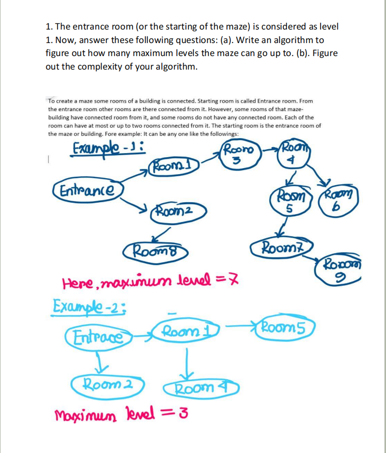 1. The entrance room (or the starting of the maze) is considered as level
1. Now, answer these following questions: (a). Write an algorithm to
figure out how many maximum levels the maze can go up to. (b). Figure
out the complexity of your algorithm.
To create a maze some rooms of a building is connected. Starting room is called Entrance room. From
the entrance room other rooms are there connected from it. However, some rooms of that maze-
building have connected room from it, and some rooms do not have any connected room. Each of the
room can have at most or up to two rooms connected from it. The starting room is the entrance room of
the maze or building. Fore example: It can be any one like the followings:
Exemple -:
Room1
Roono
Room
Entrance
Room Raom
Room2
Room?
Roo
Roomo
Here, maxinum level =7
Example -2;
Entrace
Room D-
Room5
Room 2
Room 4
Maxximum level=3
