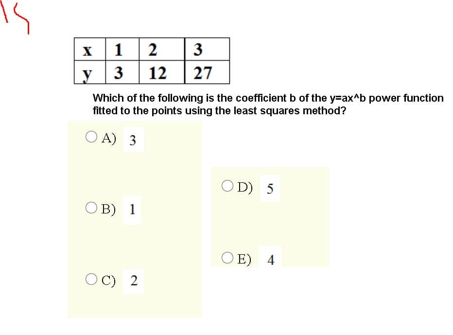 |1 2
3
X
y3
12
27
Which of the following is the coefficient b of the y=ax^b power function
fitted to the points using the least squares method?
O A) 3
O D) 5
O B) 1
E) 4
C) 2
