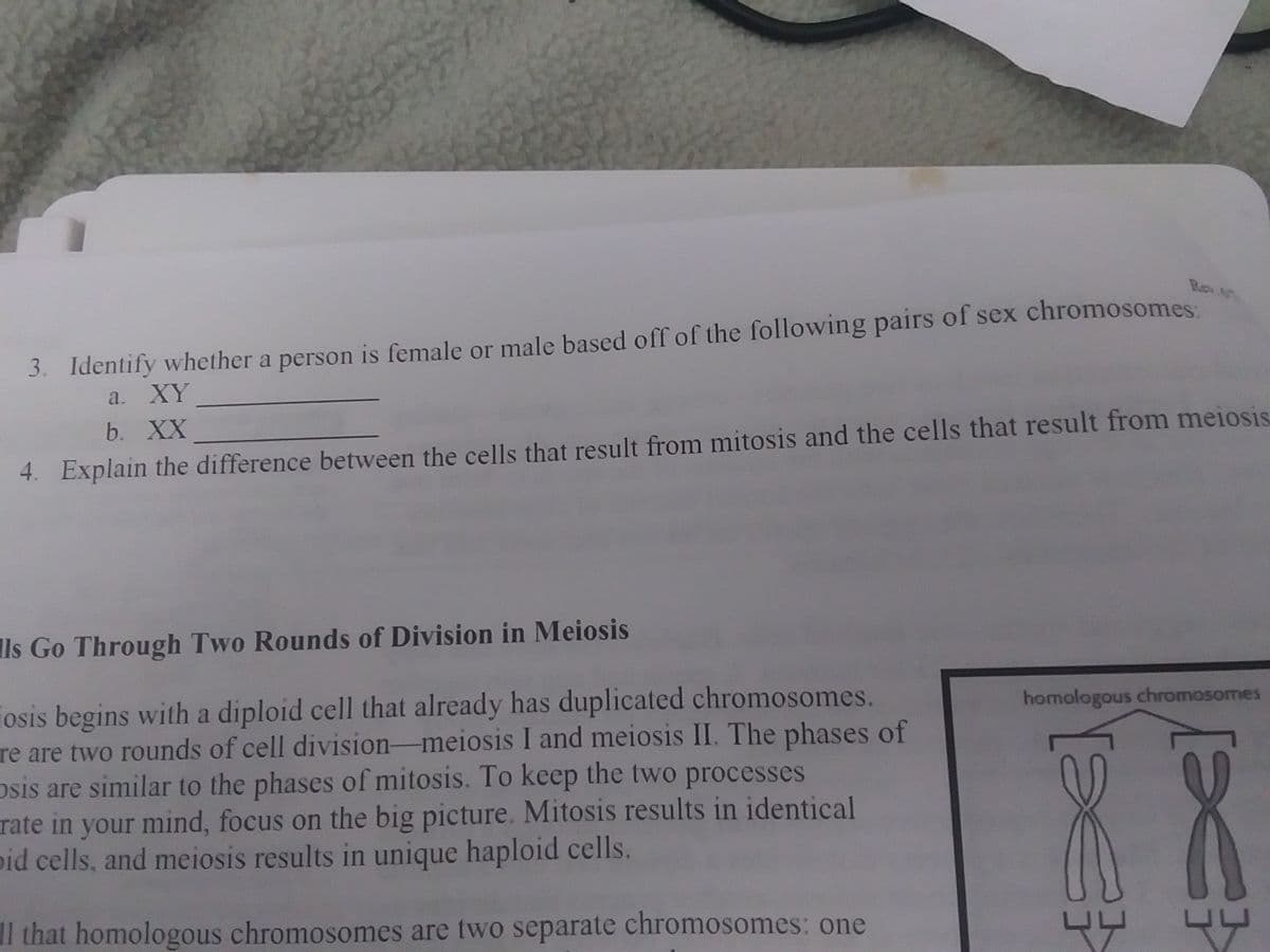 Rov 7
3. Identify whether a person is female or male based off of the following pairs of sex chromosomes:
a. XY
b. XX
4. Explain the difference between the cells that result from mitosis and the cells that result from meiosis
Ils Go Through Two Rounds of Division in Meiosis
iosis begins with a diploid cell that already has duplicated chromosomes.
re are two rounds of cell division-meiosis I and meiosis II. The phases of
osis are similar to the phases of mitosis. To keep the two processes
rate in your mind, focus on the big picture. Mitosis results in identical
pid cells, and meiosis results in unique haploid cells.
homalogous chromosomes
1l that homologous chromosomes are two separate chromosomes: one
