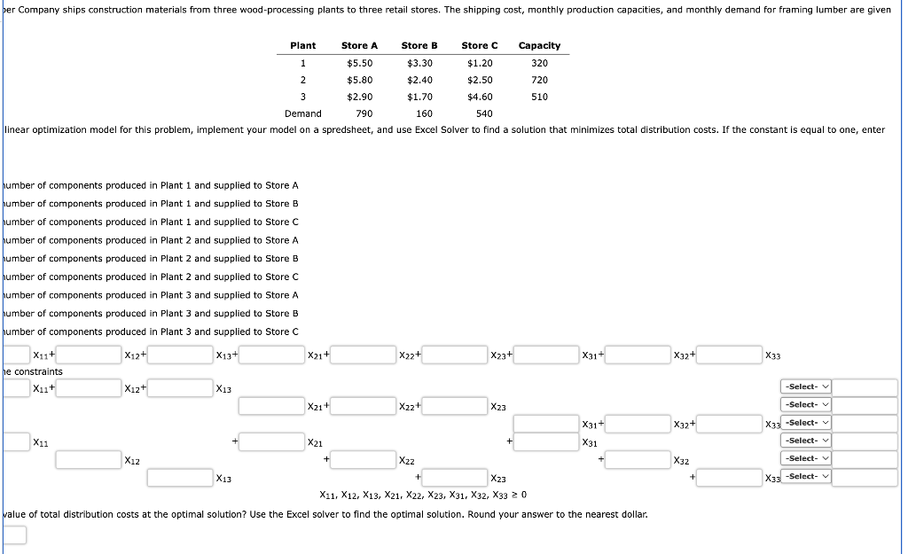 per Company ships construction materials from three wood-processing plants to three retail stores. The shipping cost, monthly production capacities, and monthly demand for framing lumber are given
Plant
1
2
Store C
$1.20
$2.50
$4.60
3
Demand
160
540
linear optimization model for this problem, implement your model on a spredsheet, and use Excel Solver to find a solution that minimizes total distribution costs. If the constant is equal to one, enter
umber of components produced in Plant 1 and supplied to Store A
umber of components produced in Plant 1 and supplied to Store B
umber of components produced in Plant 1 and supplied to Store C
umber of components produced in Plant 2 and supplied to Store A
umber of components produced in Plant 2 and supplied to Store B
umber of components produced in Plant 2 and supplied to Store C
umber of components produced in Plant 3 and supplied to Store A
humber of components produced in Plant 3 and supplied to Store B
umber of components produced in Plant 3 and supplied to Store C
X12+
X13+
X11+
he constraints
X11+
X11
X12+
X12
X13
X21+
X13
X21+
X21
Store A
$5.50
$5.80
$2.90
790
+
Store B
$3.30
$2.40
$1.70
X22+
X22+
X22
X23+
+
Capacity
320
720
510
X23
X31+
X23
X11, X12, X13, X21, X22, X23, X31, X32, X33 20
value of total distribution costs at the optimal solution? Use the Excel solver to find the optimal solution. Round your answer to the nearest dollar.
X31+
X31
X32+
X32+
X32
+
X33
-Select- v
-Select-
X33 -Select-v
-Select-
-Select-
X33 -Select- v