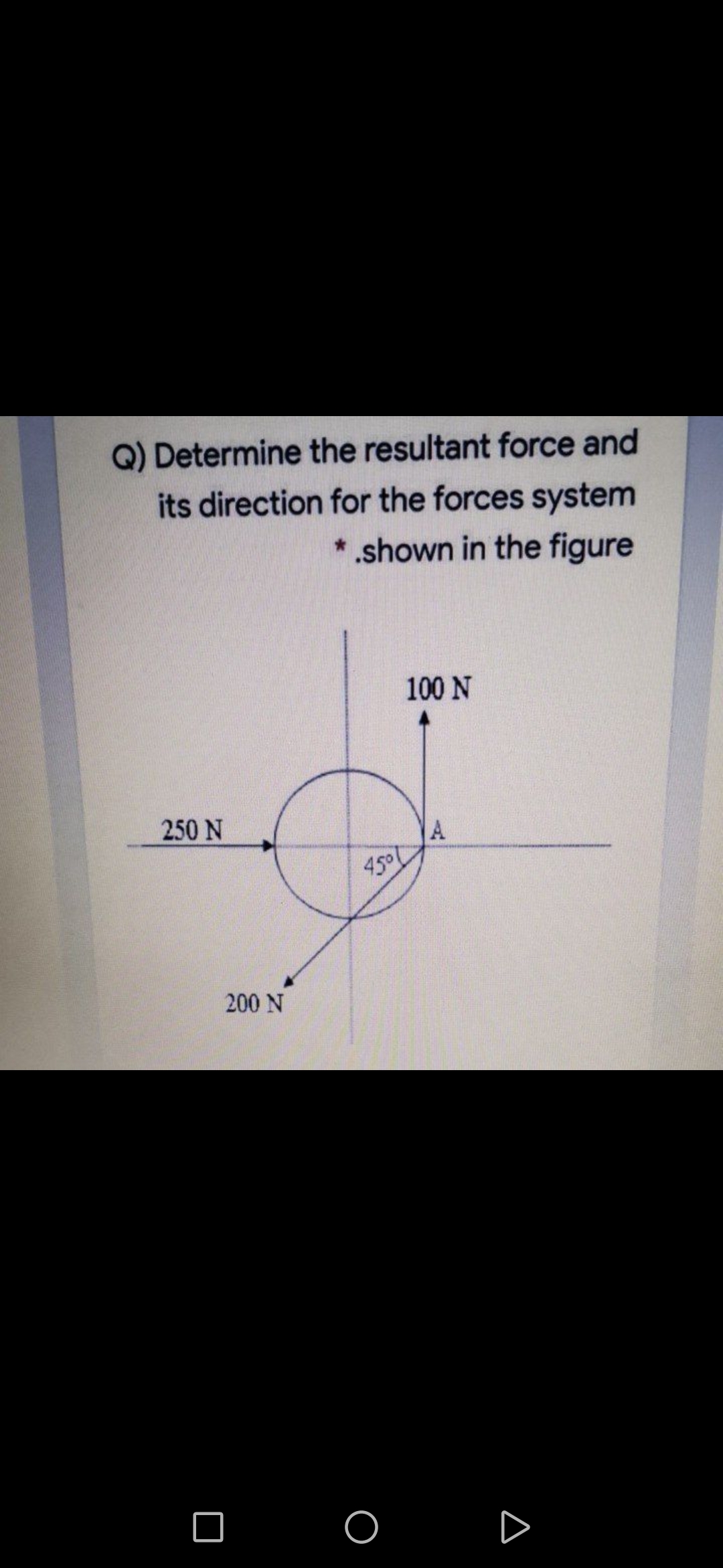 Q) Determine the resultant force and
its direction for the forces system
* .shown in the figure
100 N
250 N
A
45°
200 N
O O D
