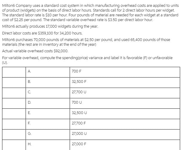 Milton6 Company uses a standard cost system in which manufacturing overhead costs are applied to units
of product (widgets) on the basis of direct labor hours. Standards call for 2 direct labor hours per widget.
The standard labor rate is $10 per hour. Four pounds of material are needed for each widget at a standard
cost of $2.25 per pound. The standard variable overhead rate is $3.50 per direct labor hour.
Milton6 actually produces 17,000 widgets during the year.
Direct labor costs are S359,100 for 34,200 hours.
Milton6 purchases 70,000 pounds of materials at $2.50 per pound, and used 65,400 pounds of those
materials (the rest are in inventory at the end of the year)
Actual variable overhead costs $92,000.
For variable overhead, compute the spending(price) variance and label it is favorable (F) or unfavorable
(U).
А.
700 F
В.
32,500 F
C.
27,700 U
D.
700 U
E.
32,500 U
F.
27,700 F
G.
27,000 U
Н.
27,000 F
B.
