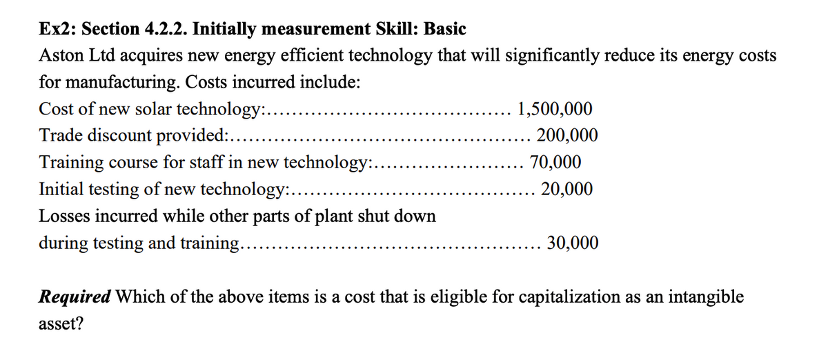 Ex2: Section 4.2.2. Initially measurement Skill: Basic
Aston Ltd acquires new energy efficient technology that will significantly reduce its energy costs
for manufacturing. Costs incurred include:
Cost of new solar technology:....
Trade discount provided:........
Training course for staff in new technology:.
Initial testing of new technology:........
Losses incurred while other parts of plant shut down
during testing and training......
1,500,000
200,000
70,000
20,000
30,000
Required Which of the above items is a cost that is eligible for capitalization as an intangible
asset?