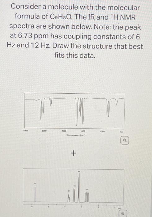 Consider a molecule with the molecular
formula of C9H3O. The IR and ¹H NMR
spectra are shown below. Note: the peak
at 6.73 ppm has coupling constants of 6
Hz and 12 Hz. Draw the structure that best
fits this data.
4000
3000
2000
1500
Wavenumbers (0)
+
1000
500