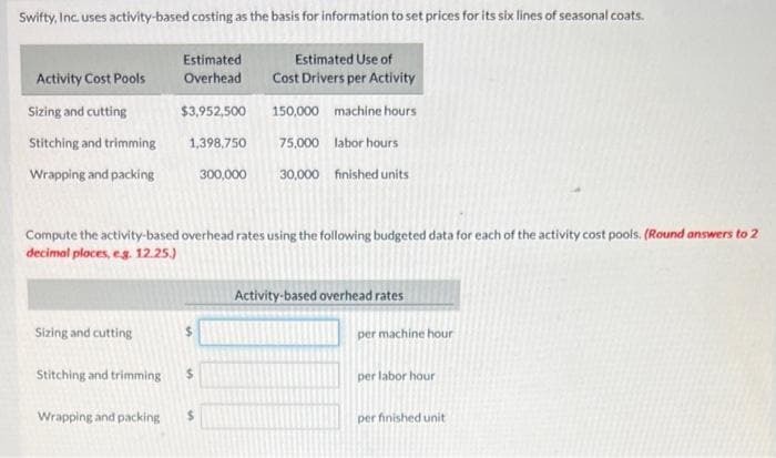 Swifty, Inc. uses activity-based costing as the basis for information to set prices for its six lines of seasonal coats.
Estimated
Overhead
$3,952,500
150,000 machine hours
1,398,750
75,000 labor hours
300,000 30,000 finished units
Activity Cost Pools
Sizing and cutting
Stitching and trimming
Wrapping and packing
Compute the activity-based overhead rates using the following budgeted data for each of the activity cost pools. (Round answers to 2
decimal places, eg. 12.25.)
Sizing and cutting
Stitching and trimming
Wrapping and packing
$
Estimated Use of
Cost Drivers per Activity
20
Activity-based overhead rates
per machine hour
per labor hour
per finished unit