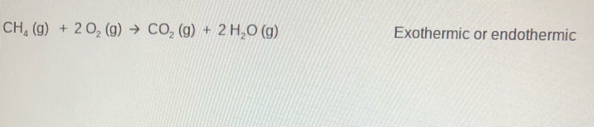 CH, (g)
20, (g) → CO, (g) + 2 H,O (g)
+
Exothermic or endothermic
