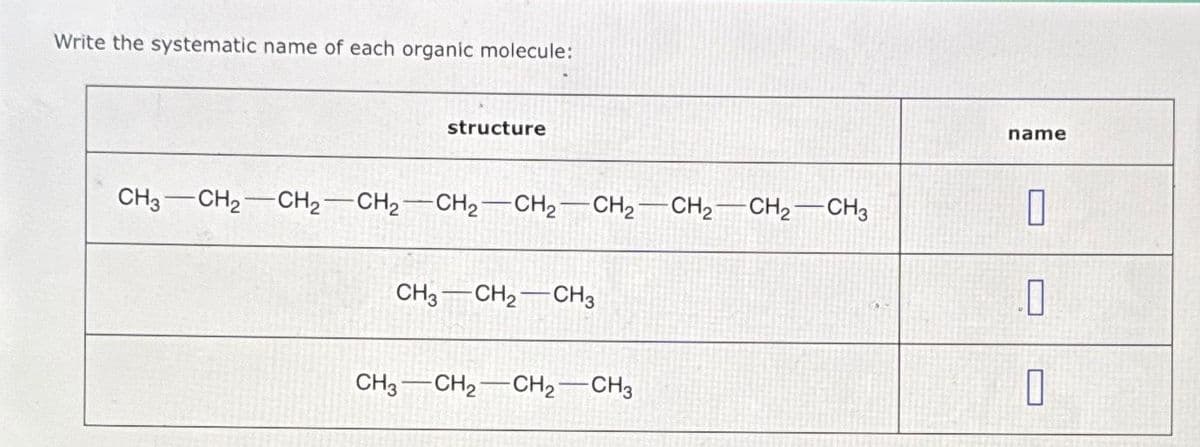 Write the systematic name of each organic molecule:
structure
CH3 CH2 CH₂ -CH₂ CH2 CH₂ CH₂ CH2 CH₂ CH3
CH3 CH₂ CH3
CH3CH2CH₂ CH3
name
1
0