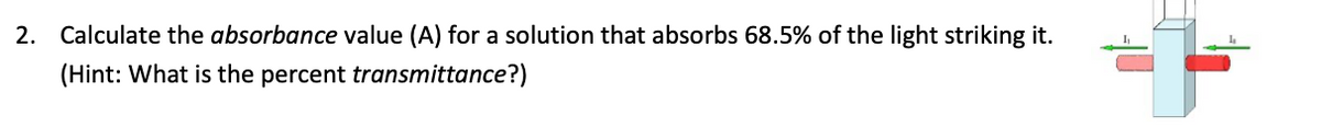 2. Calculate the absorbance value (A) for a solution that absorbs 68.5% of the light striking it.
(Hint: What is the percent transmittance?)
