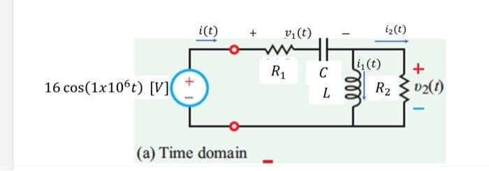 16 cos(1x106t) [V]
i(t)
(a) Time domain
+
v₁ (t)
MH
C
R₁
L
i₁(t)
ell
iz (t)
R₂
+
02(1)