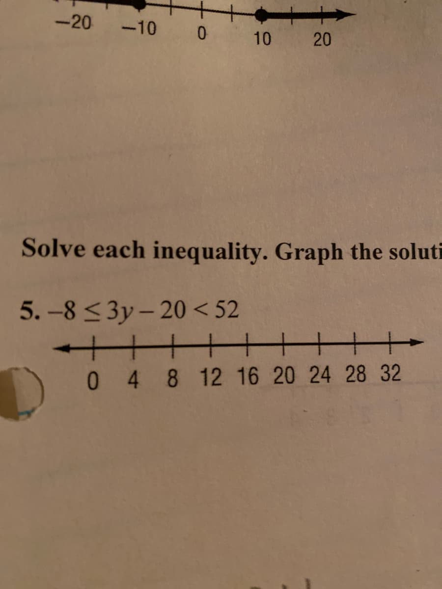 -20 -10
10 20
Solve each inequality. Graph the soluti
5. -8 <3y - 20 < 52
+++++
0 48 12 16 20 24 28 32
+++++
