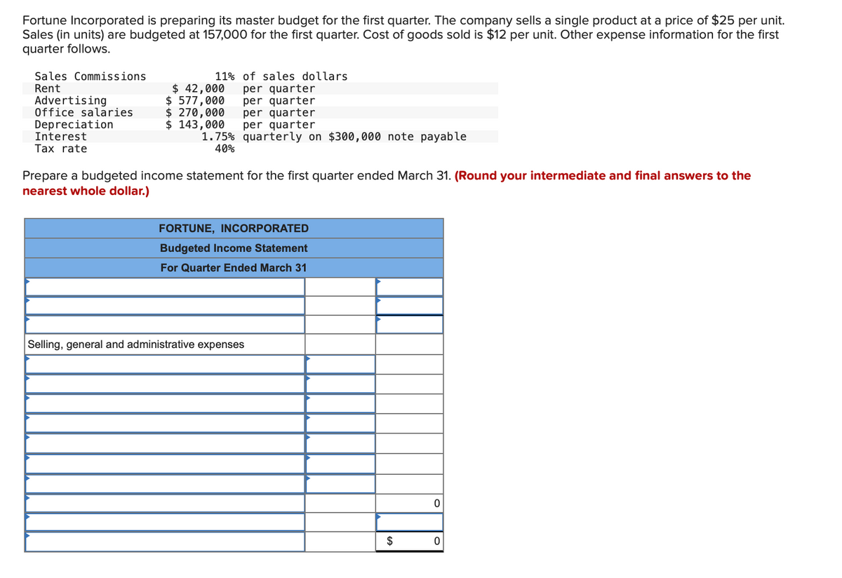Fortune Incorporated is preparing its master budget for the first quarter. The company sells a single product at a price of $25 per unit.
Sales (in units) are budgeted at 157,000 for the first quarter. Cost of goods sold is $12 per unit. Other expense information for the first
quarter follows.
Sales Commissions
Rent
Advertising
Office salaries
Depreciation
Interest
Tax rate
11% of sales dollars
per quarter
per quarter
per quarter
per quarter
quarterly on $300,000 note payable
$ 42,000
$ 577,000
$ 270,000
$ 143,000
1.75%
40%
Prepare a budgeted income statement for the first quarter ended March 31. (Round your intermediate and final answers to the
nearest whole dollar.)
FORTUNE, INCORPORATED
Budgeted Income Statement
For Quarter Ended March 31
Selling, general and administrative expenses
$
0
0