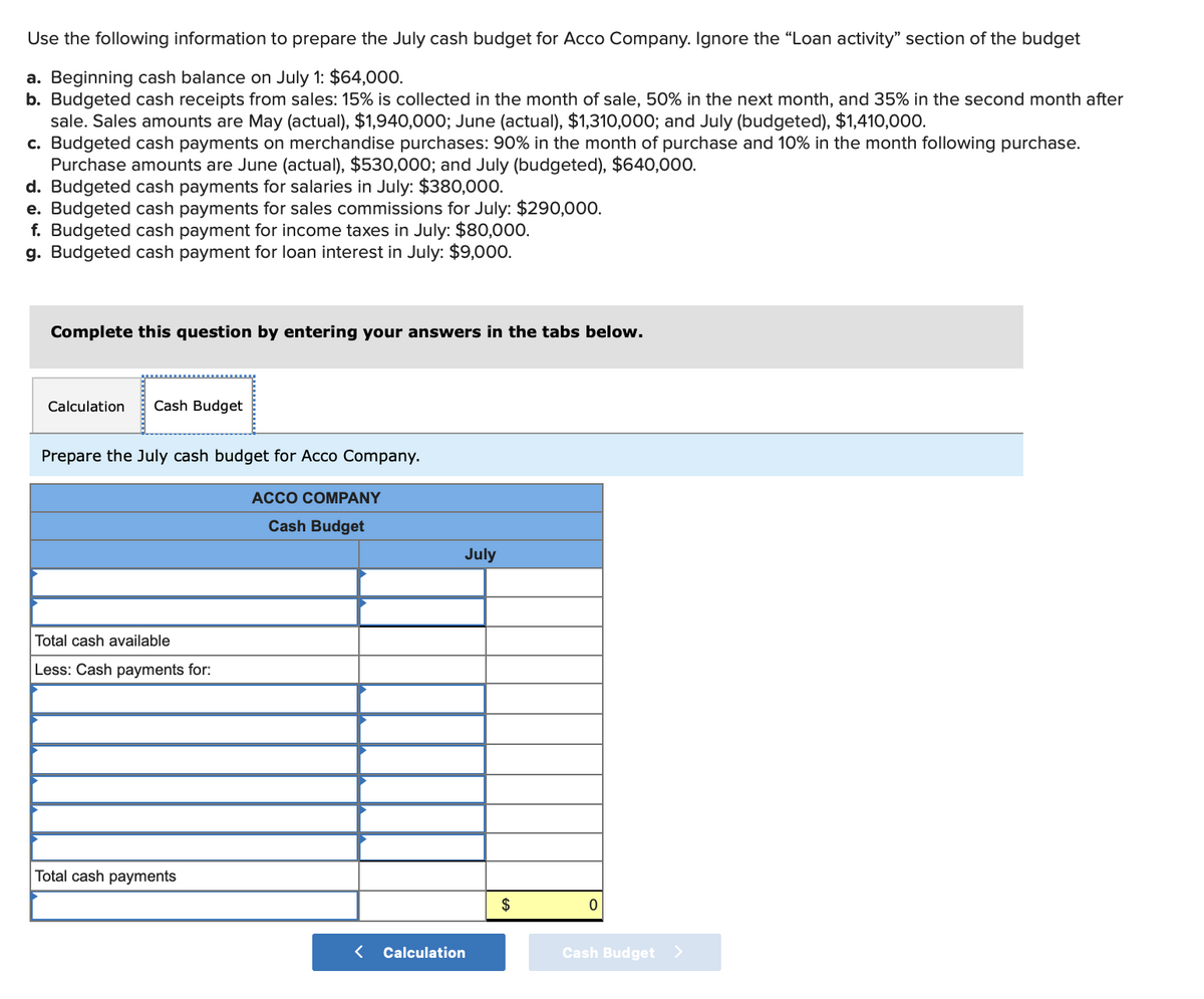 Use the following information to prepare the July cash budget for Acco Company. Ignore the "Loan activity" section of the budget
a. Beginning cash balance on July 1: $64,000.
b. Budgeted cash receipts from sales: 15% is collected in the month of sale, 50% in the next month, and 35% in the second month after
sale. Sales amounts are May (actual), $1,940,000; June (actual), $1,310,000; and July (budgeted), $1,410,000.
c. Budgeted cash payments on merchandise purchases: 90% in the month of purchase and 10% in the month following purchase.
Purchase amounts are June (actual), $530,000; and July (budgeted), $640,000.
d. Budgeted cash payments for salaries in July: $380,000.
e. Budgeted cash payments for sales commissions for July: $290,000.
f. Budgeted cash payment for income taxes in July: $80,000.
g. Budgeted cash payment for loan interest in July: $9,000.
Complete this question by entering your answers in the tabs below.
Calculation Cash Budget
Prepare the July cash budget for Acco Company.
Total cash available
Less: Cash payments for:
Total cash payments
ACCO COMPANY
Cash Budget
July
< Calculation
$
0
Cash Budget >
