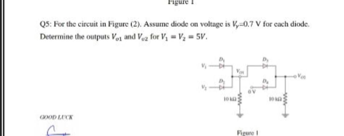 J amāl
Q5: For the circuit in Figure (2). Assume diode on voltage is V-0.7 V for cach diode.
Determine the outputs Voj and Voz for V, = Vz = 5V.
D,
Ven
Vos
GV
10 ka
GOOD LUCK
Figure I
