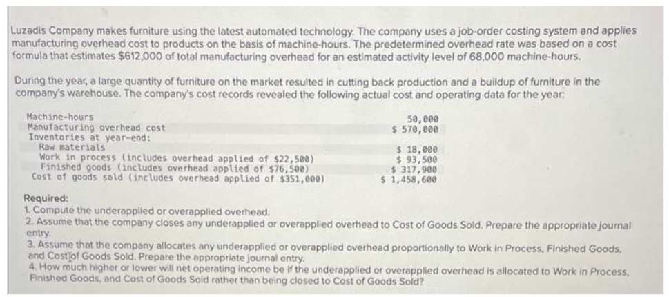 Luzadis Company makes furniture using the latest automated technology. The company uses a job-order costing system and applies
manufacturing overhead cost to products on the basis of machine-hours. The predetermined overhead rate was based on a cost
formula that estimates $612,000 of total manufacturing overhead for an estimated activity level of 68,000 machine-hours.
During the year, a large quantity of furniture on the market resulted in cutting back production and a buildup of furniture in the
company's warehouse. The company's cost records revealed the following actual cost and operating data for the year.
Machine-hours
Manufacturing overhead cost
Inventories at year-end:
Raw materials
Work in process (includes overhead applied of $22,500)
Finished goods (includes overhead applied of $76,500)
Cost of goods sold (includes overhead applied of $351,000)
50,000
$ 570,000
$ 18,000
$ 93,500
$ 317,900
$ 1,458,600
Required:
1. Compute the underapplied or overapplied overhead.
2. Assume that the company closes any underapplied or overapplied overhead to Cost of Goods Sold. Prepare the appropriate journal
entry.
3. Assume that the company allocates any underapplied or overapplied overhead proportionally to Work in Process, Finished Goods,
and Costjof Goods Sold. Prepare the appropriate journal entry.
4. How much higher or lower will net operating income be if the underapplied or overapplied overhead is allocated to Work in Process,
Finished Goods, and Cost of Goods Sold rather than being closed to Cost of Goods Sold?