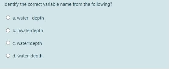 Identify the correct variable name from the following?
a. water depth_
O b. 5waterdepth
C. water*depth
d. water_depth
